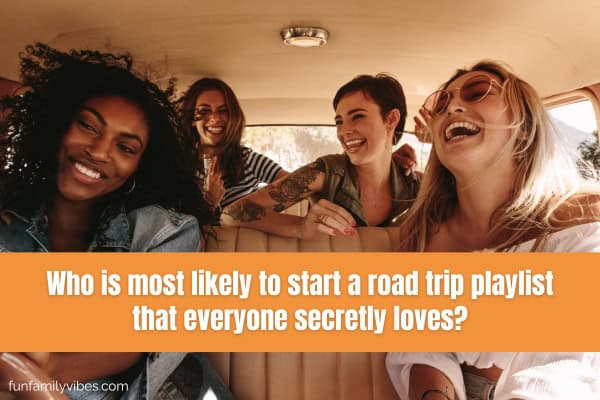 group of friends inside a car for a road trip with question overlay