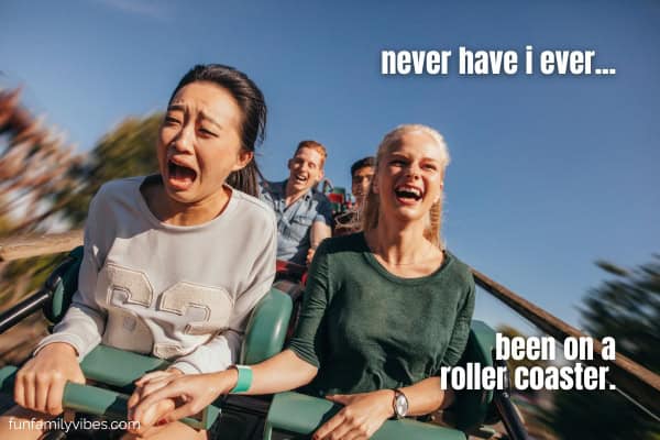 2 women on a roller coaster with never have i ever overlay