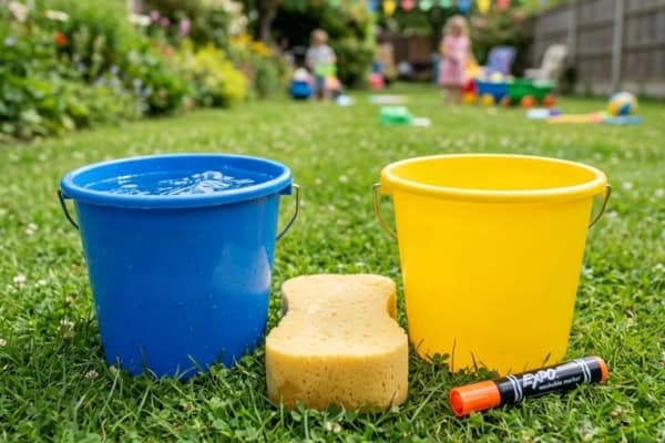 1 bucket filled with water, 1 empty bucket, big sponge, kids in the background