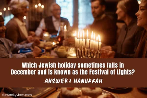 family celebrating Hanukkah with trivia overlay