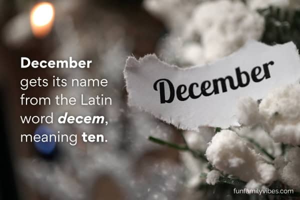 "December" on a torn piece of paper on Christmas themed background with trivia overlay