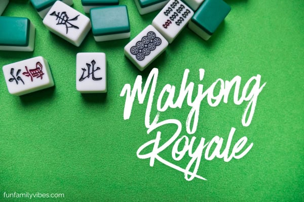 mahjong tiles on green table with party name overlay