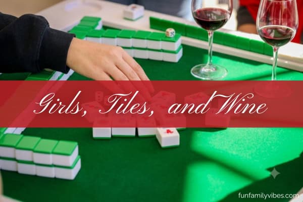 woman picking up a mahjong tile, with party name overlay