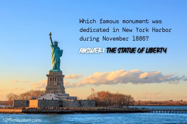 the Statue of Liberty at sunset with trivia overlay