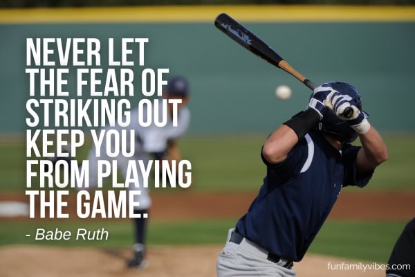baseball player about to hit ball with bat, with quote overlay