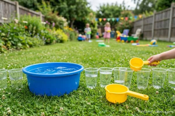 basin filled with water, kid's hand filling the plastic cups with water