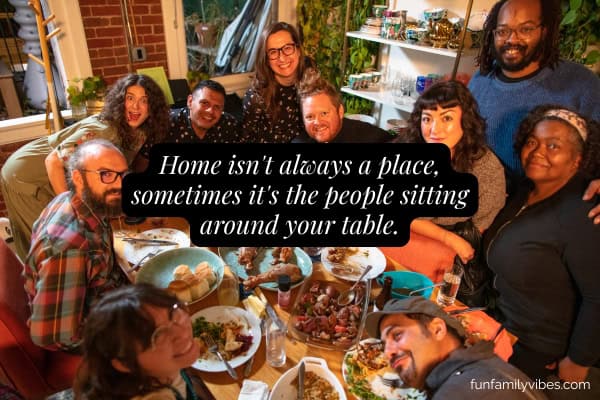 group of friends having friendsgiving meal with quote overlay