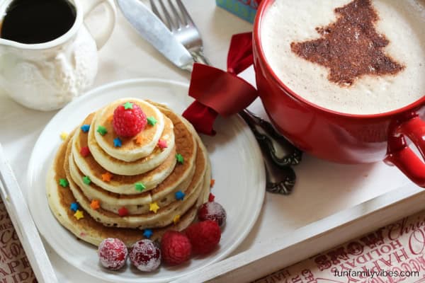 christmas breakfast of pancakes and coffee on tray