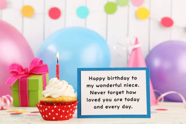Birthday background of balloons, streamers, gift, cupcake, with quote on card overlay