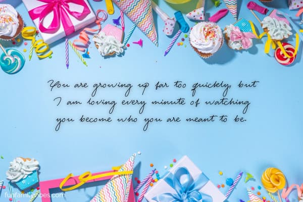 birthday background of colorful party hats, gifts, streamers, cupcakes, with birthday wish overlay