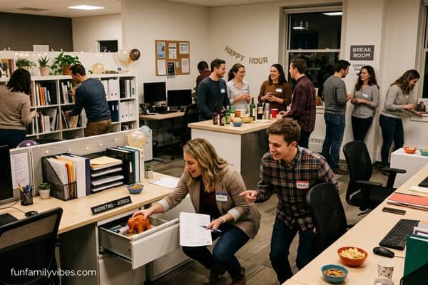people in an office playing scavenger hunt